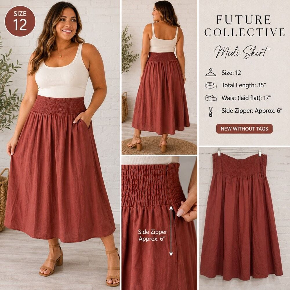 Future Collective Size 12 Rust Smocked Waist Midi Skirt NWOT